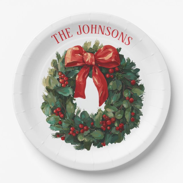 Plato De Papel Elegant Christmas Wreath Custom Name Paper Plates (Anverso)