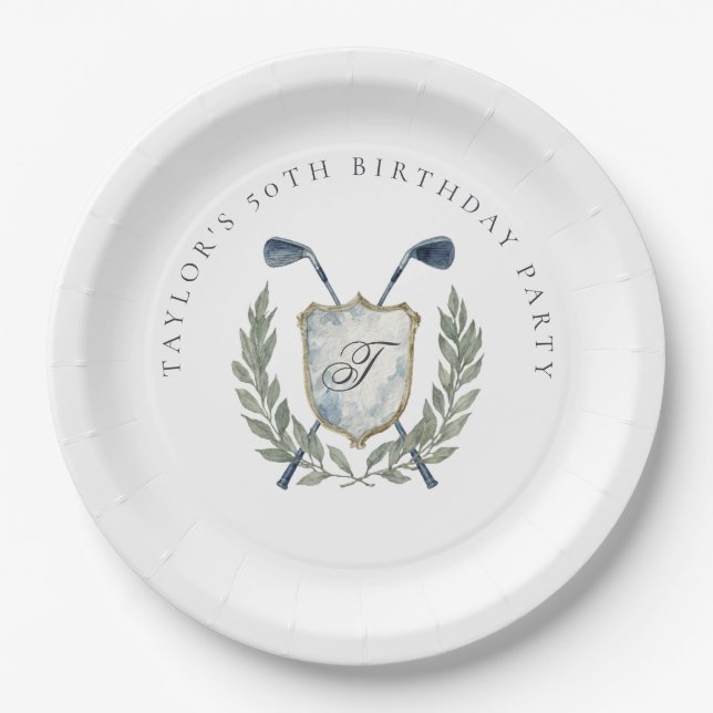 Plato De Papel Elegant Classic Monogram Golf Crest Birthday Party (Anverso)
