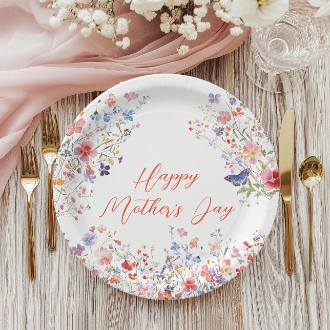Plato De Papel Elegant Colorful Wildflowers Happy Mother's Day (Colorful wildflower Happy Mother's Day Paper plate)