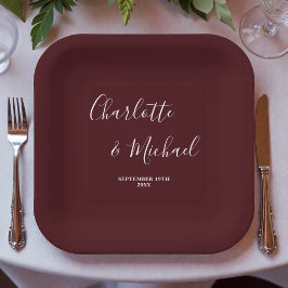 Plato De Papel Elegant Deep Burgundy Script Minimalist Wedding