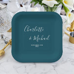 Plato De Papel Elegant Deep Teal Script Minimalist Wedding<br><div class="desc">Elevate the elegance of your wedding reception with our Elegant Deep Teal Script Minimalist Wedding Paper Plates. These plates can be personalized with the names of the bride and groom,  along with the date of your wedding. Add a unique and stylish touch to your celebration with these customized plates.</div>