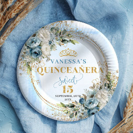 Plato De Papel Elegant Dusty Blue Flowers Gold Name Quince Plates