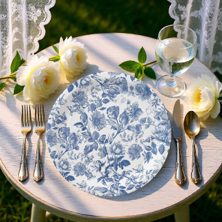Plato De Papel Elegant Dusty Blue Toile Floral Wedding