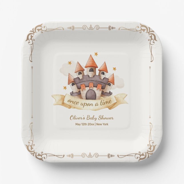 Plato De Papel Elegant Fairytale Prince Castle Baby Shower (Anverso)