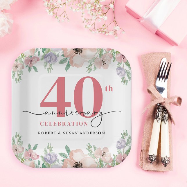 Plato De Papel Elegant Floral 40th Wedding Anniversary (Subido por el creador)