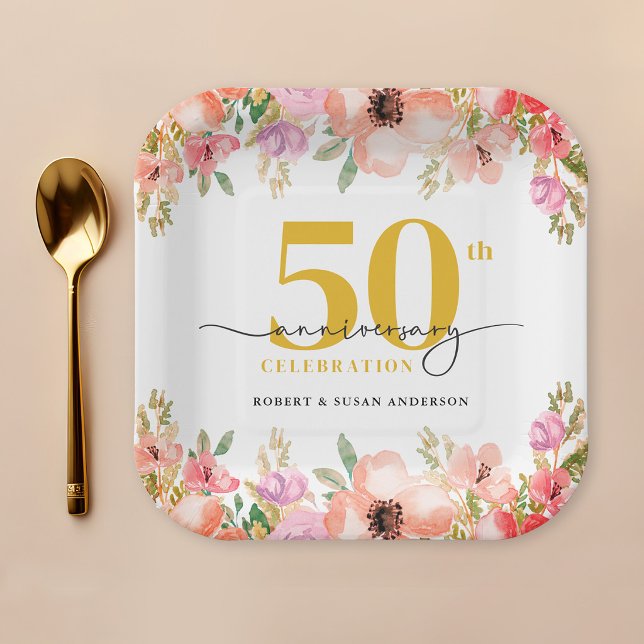 Plato De Papel Elegant Floral 50th Wedding Anniversary (Subido por el creador)