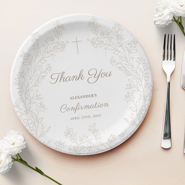 Plato De Papel Elegant Floral Cross Confirmation Thank You (Subido por el creador)