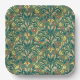 Plato De Papel Elegant Floral Pattern in Yellow and Red on Green