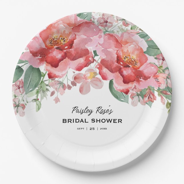 Plato De Papel Elegant Floral Pink Bridal Shower (Anverso)