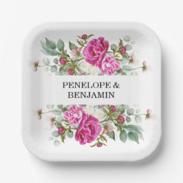 Plato De Papel Elegant Floral Pink Peony Monogram Wedding