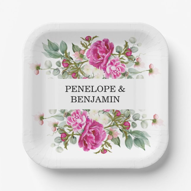 Plato De Papel Elegant Floral Pink Peony Monogram Wedding (Anverso)