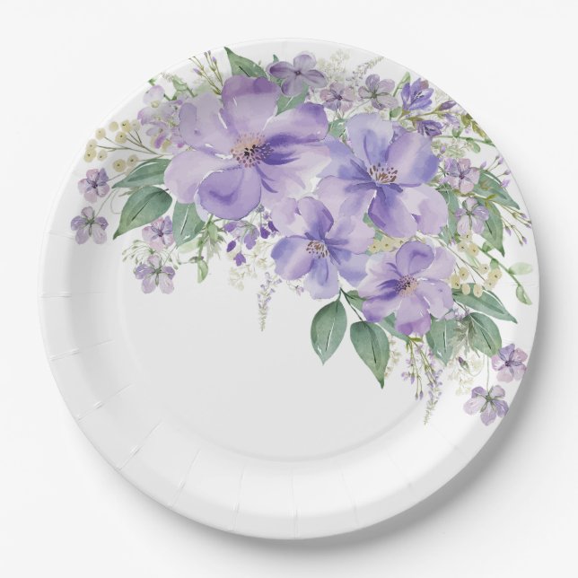 Plato De Papel Elegant Floral Purple Bridal Shower (Anverso)