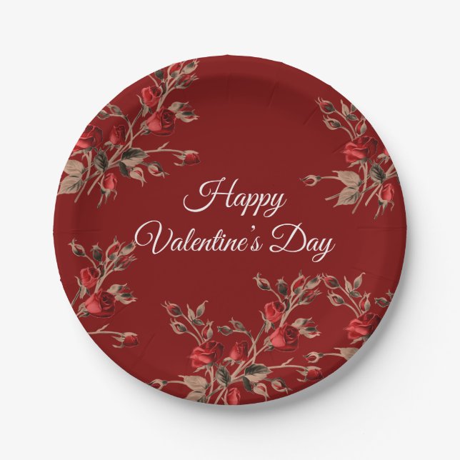 Plato De Papel Elegant Floral Red Happy Valentine’s Day  (Anverso)
