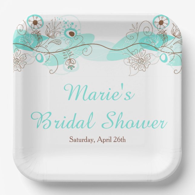 Plato De Papel Elegant Floral Twist Bridal Shower in Turquoise (Anverso)