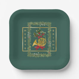Plato De Papel Elegant French Horn Christmas Dark Green