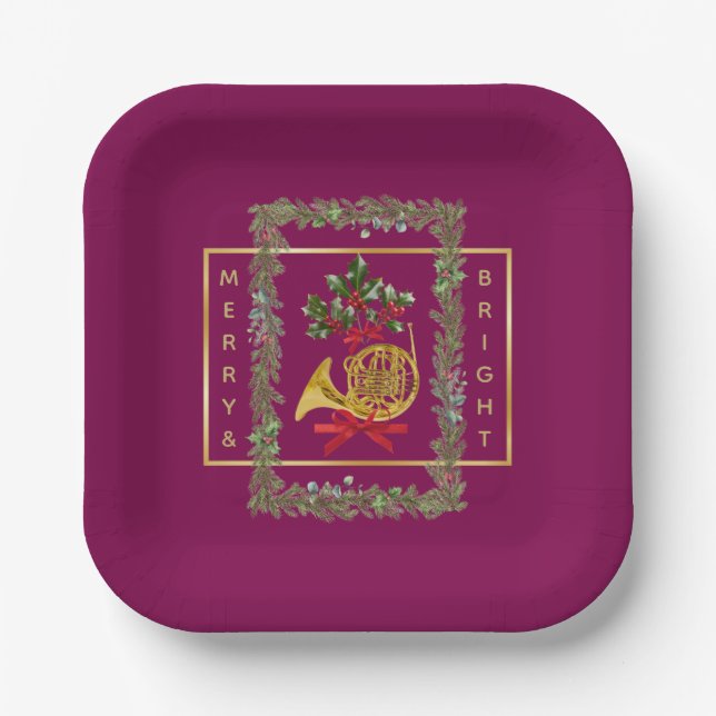 Plato De Papel Elegant French Horn Christmas Purple (Anverso)