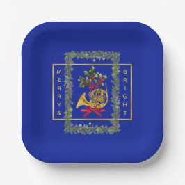 Plato De Papel Elegant French Horn Christmas Royal Blue