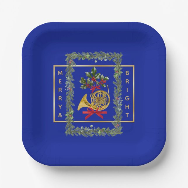 Plato De Papel Elegant French Horn Christmas Royal Blue (Anverso)