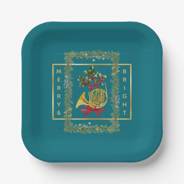 Plato De Papel Elegant French Horn Christmas Teal (Anverso)