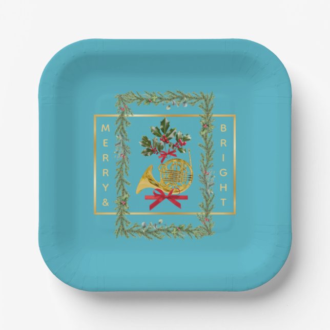Plato De Papel Elegant French Horn Christmas Turquoise (Anverso)