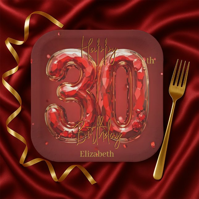 Plato De Papel Elegant Gemstone Ruby and Gold 30th Birthday (Subido por el creador)