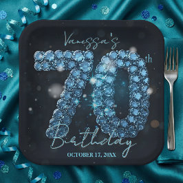 Plato De Papel Elegant Glam Chic Teal Blue Jewels 70th Birthday