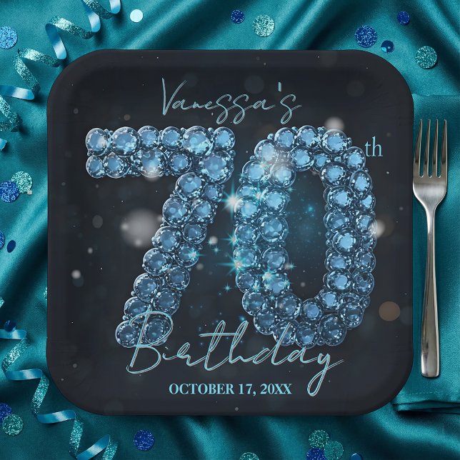 Plato De Papel Elegant Glam Chic Teal Blue Jewels 70th Birthday (Subido por el creador)