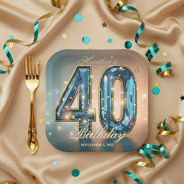 Plato De Papel Elegant Glamorous Teal Crystal 40th Birthday Party