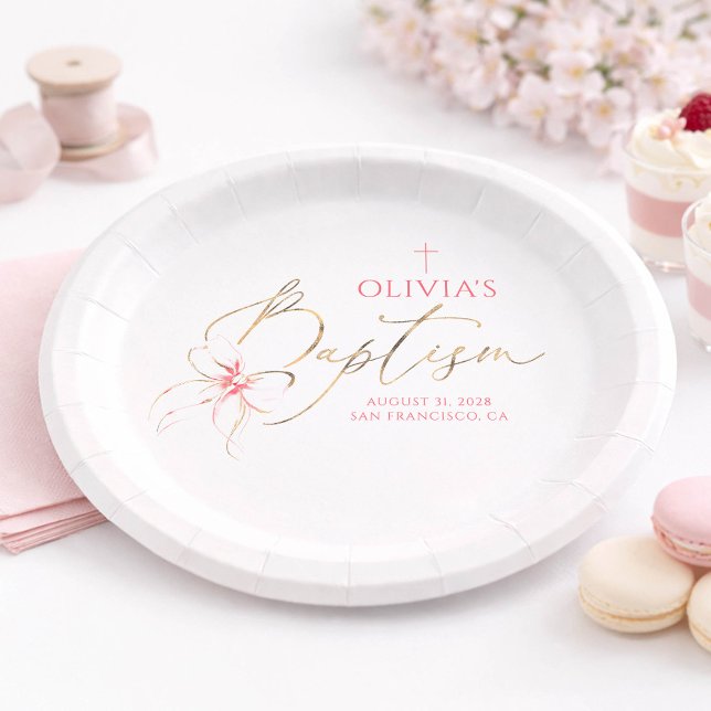 Plato De Papel Elegant Gold and Pink Bow Girl Baptism (Pink Bow Baptism Plates)