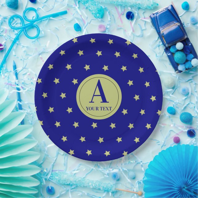 Plato De Papel Elegant Gold & Blue Star Pattern Monogram (Fiesta)