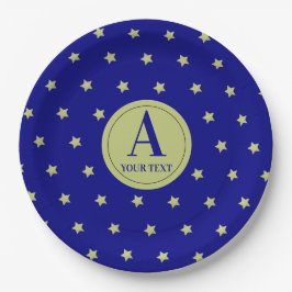 Plato De Papel Elegant Gold & Blue Star Pattern Monogram
