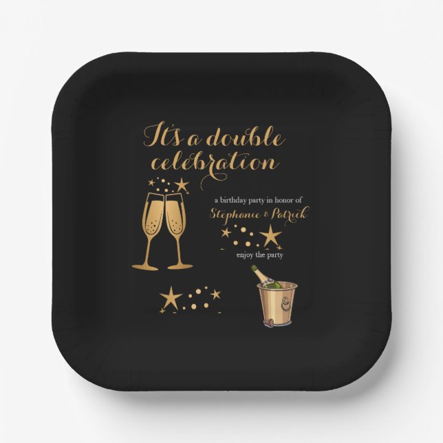 Plato De Papel Elegant Gold Doble Celebración Cumpleaños Conjunto (Anverso)