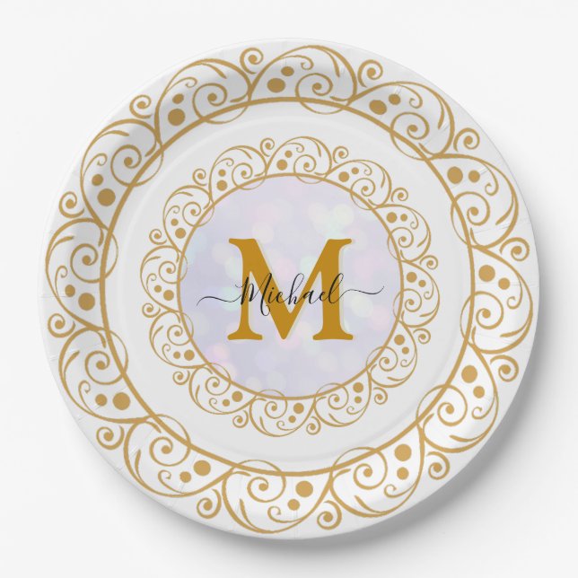 Plato De Papel Elegant Gold Glitter Initial & Name (Anverso)