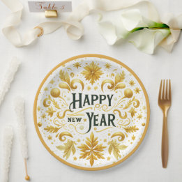 Plato De Papel Elegant Gold Happy New Year Paper Plate