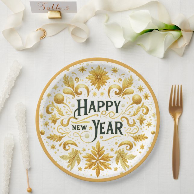 Plato De Papel Elegant Gold Happy New Year  Paper Plate (Boda)