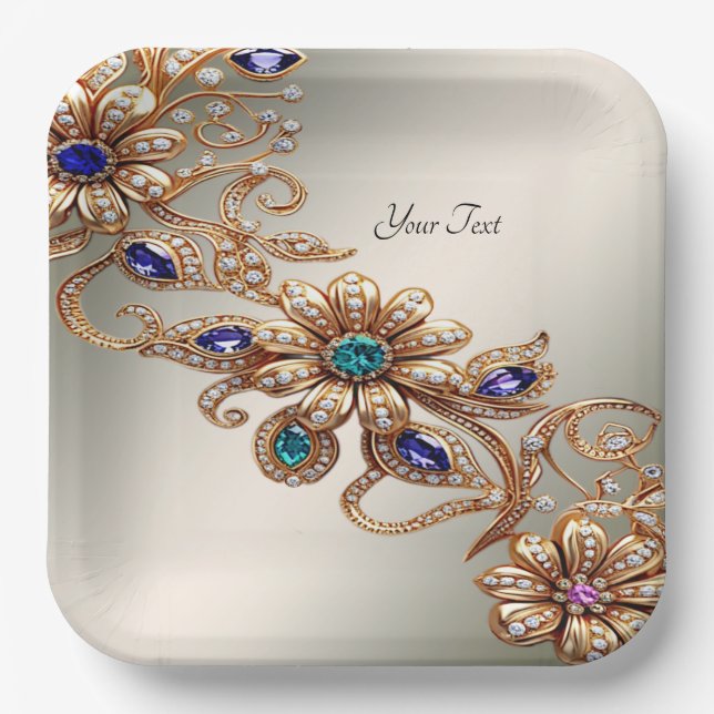 Plato De Papel Elegant Gold Jewel Flowers Paper Plate (Anverso)
