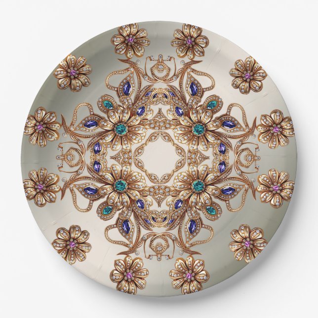 Plato De Papel Elegant Gold Jewel Flowers Paper Plate (Anverso)