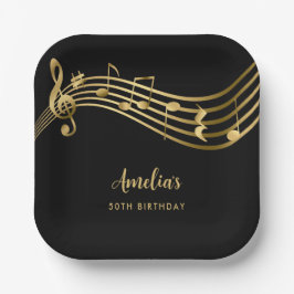 Plato De Papel Elegant Gold Music Notes 50th Birthday Black