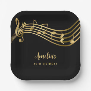 Plato De Papel Elegant Gold Music Notes 50th Birthday Black