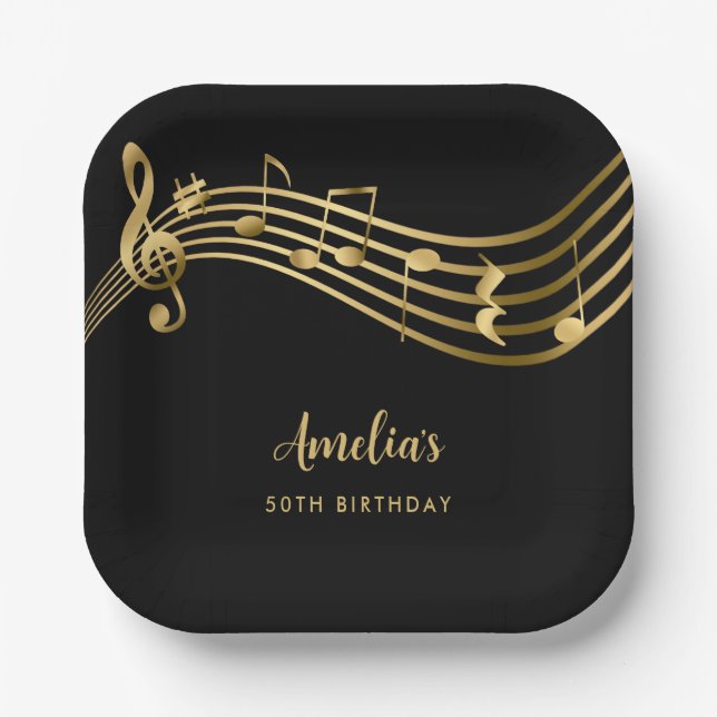 Plato De Papel Elegant Gold Music Notes 50th Birthday Black (Anverso)