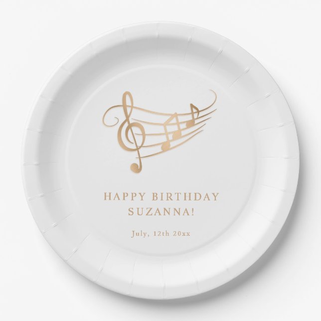 Plato De Papel Elegant Gold Music Notes Birthday (Anverso)