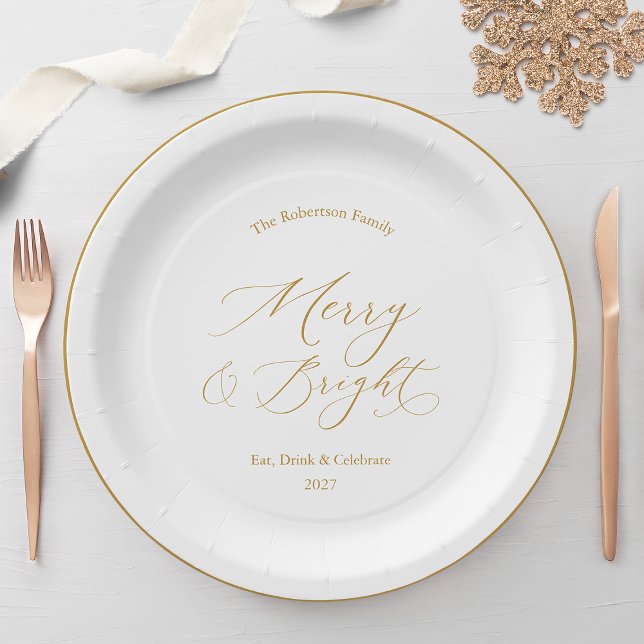 Plato De Papel Elegant Gold Script “Merry & Bright” Christmas (Subido por el creador)
