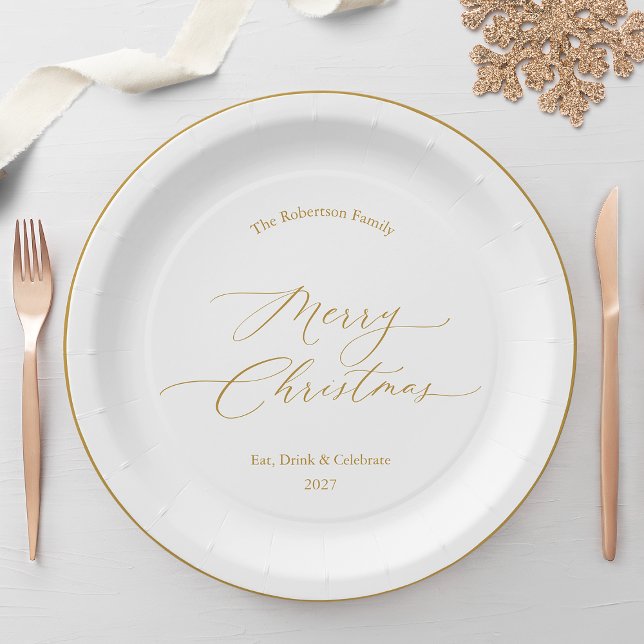 Plato De Papel Elegant Gold Script “Merry Christmas” (Subido por el creador)