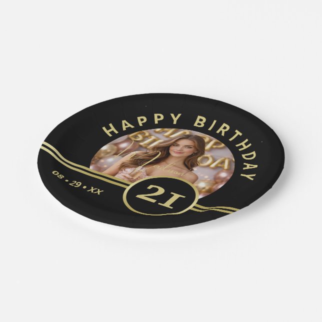 Plato De Papel Elegant Gold Signature Monogram with Photo (Angular)