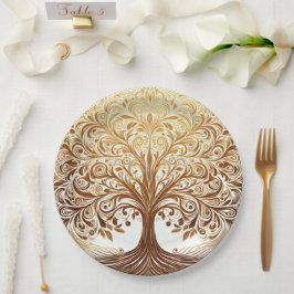 Plato De Papel Elegant Gold Tree of Life Celebration