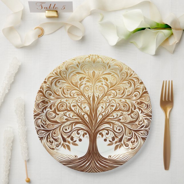 Plato De Papel Elegant Gold Tree of Life Celebration (Boda)