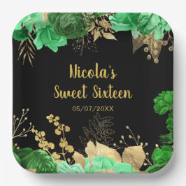 Plato De Papel Elegant Green and Gold Flowers Sweet Sixteen