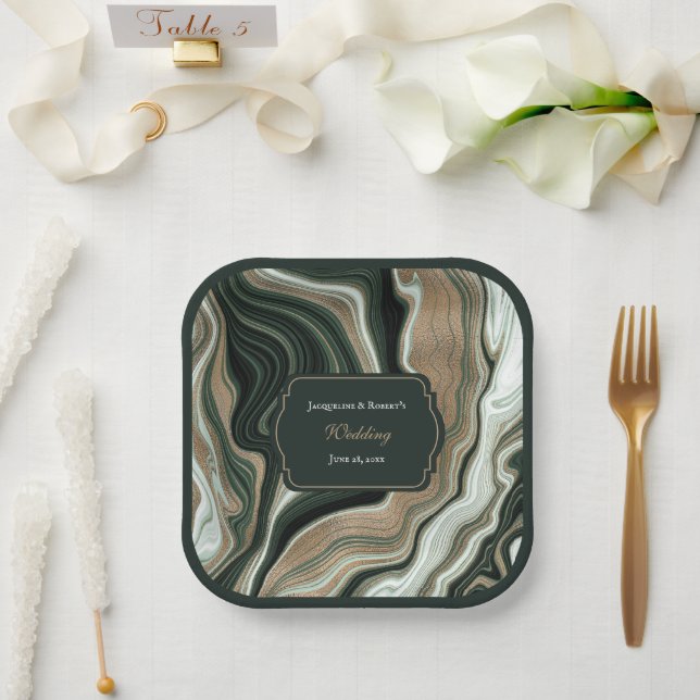 Plato De Papel Elegant Green and Gold Marble Wedding (Boda)