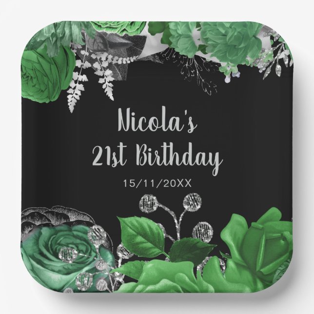 Plato De Papel Elegant Green and Silver Flowers Birthday Party  (Anverso)