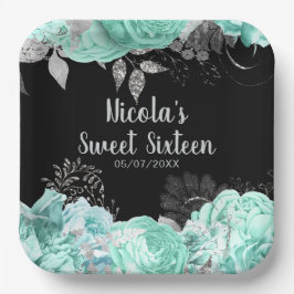 Plato De Papel Elegant Green and Silver Flowers Sweet Sixteen